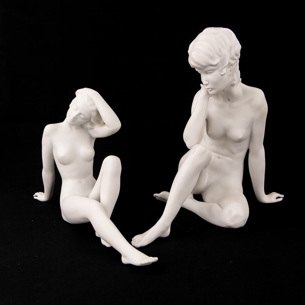 Kaiser Nude Woman Bisque Statuettes #273 & #489: Pair of Kaiser West Germany bisque nude statuettes. Including Kaiser bisque porcelain "LYING NUDE #273" and Kaiser bisque porcelain "Gawantka #489" both from WEST GERMANY. #273 is in very good conditi
