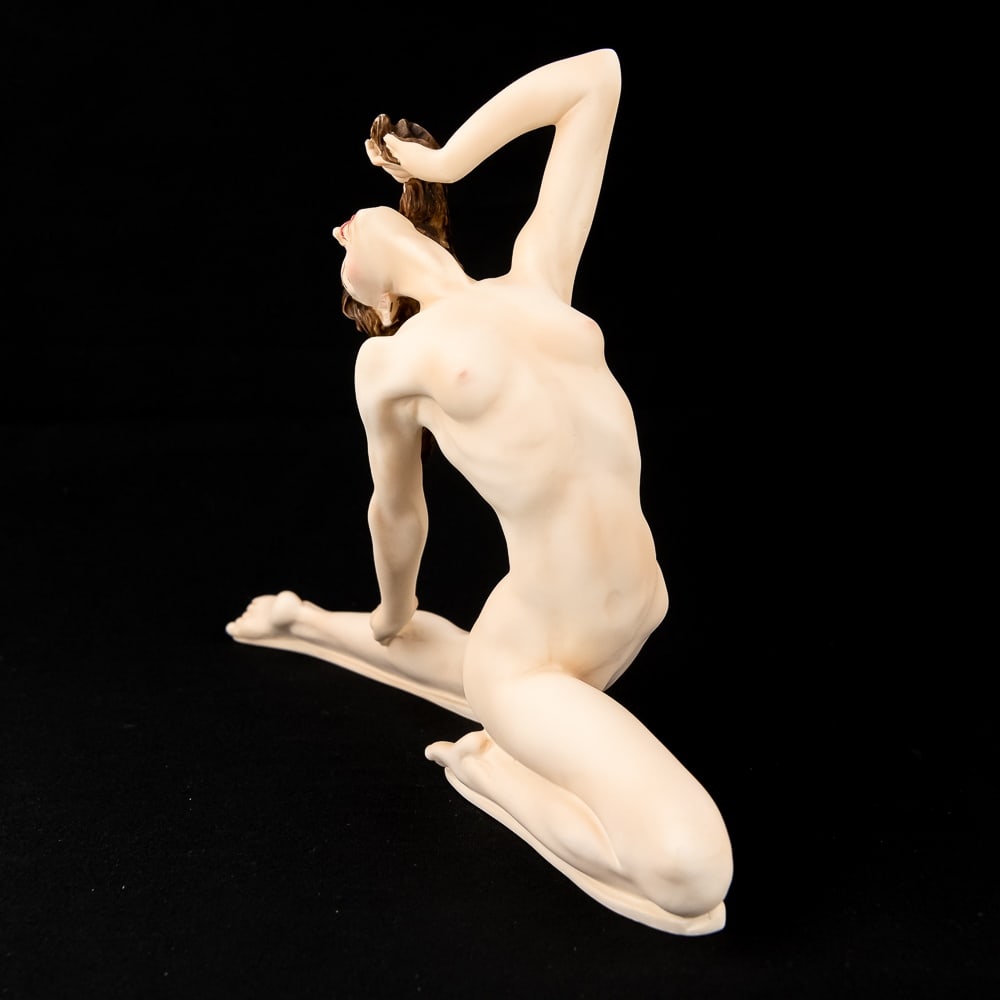 A. Santini Signed Extase Seductive Nude Sculpture: A. Santini "Extase" seductive nude sculpture in very good condition, only blemish noted is a small imperfection on right thumb. Approximately 14" x 9" x 4", signed prominently along inside right leg. 