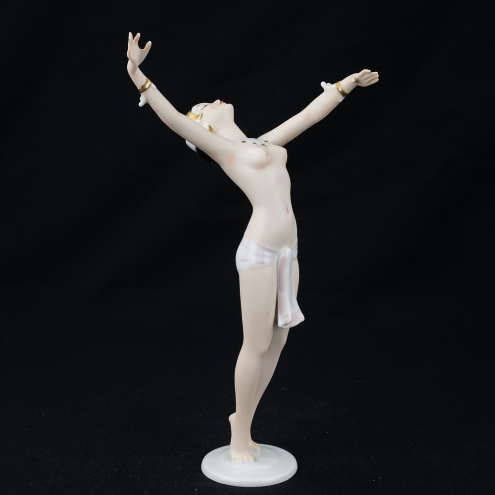 Wallendorf Porcelain Nude Dancing Woman #1609: Very nice vintage Wallendorf Germany porcelain semi nude dancing woman #1609. In very good to good overall condition with possible repair to left hand index finger noted. Stands 11" tall, Wallendorf 1