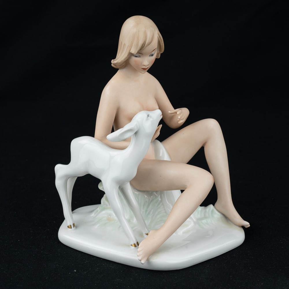 Wallendorf Germany Porcelain Nude Woman #1754: Very nice vintage Wallendorf Germany porcelain nude woman with fawn #1754. In very good overall condition with no chips or cracks noted. Stands 7" tall, Wallendorf 1764 stamped on bottom side and Stei