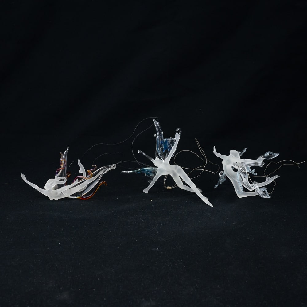 (3) Frosted Fairy Blown Glass Figurine Ornaments: Very nice collection of "Fairy" blown frosted glass figurine ornaments. All are in very good overall condition with no chips or cracks noted. (2) larger examples with color present are approximately 6