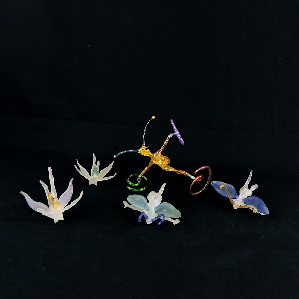 (5) Frosted Fairy Blown Glass Figurine Ornaments: Very nice collection of "Fairy" blown frosted glass figurine ornaments. All are in very good overall condition with no chips or cracks noted. (1) larger example with color present are approximately 5"