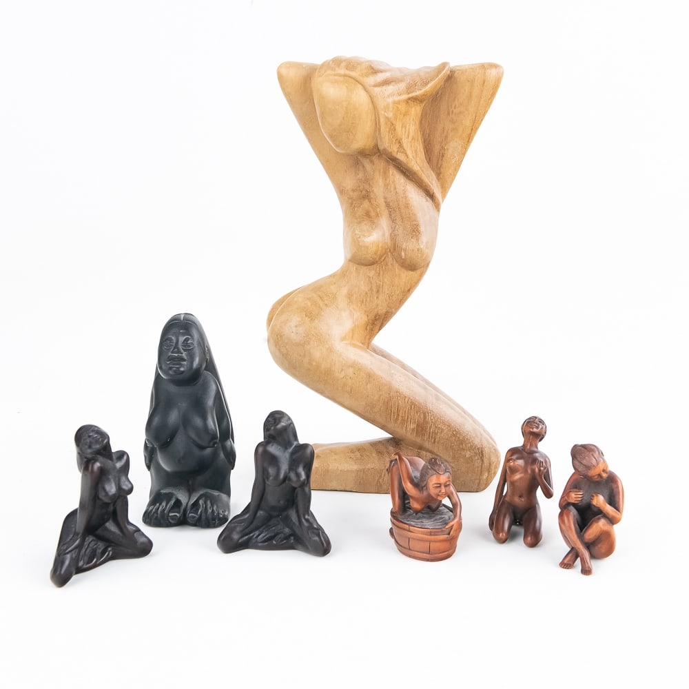Collection of (7) Various Vintage Nude Figurines: Very nice collection of (7) various vintage nude figurines. Each in very good condition with light wear marks on some items. Including vintage 8.5" unmarked mid-century wooden female form figurine, (3