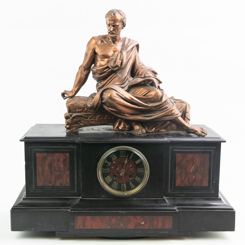Large Marble Statue French Clock: Cir. 1882-1898. Check out this wild wonder. Featuring cast iron statue of the great Greek philosopher Plato. This clock is extremely heavy and is made out of solid marble with a hollow interior. Dial