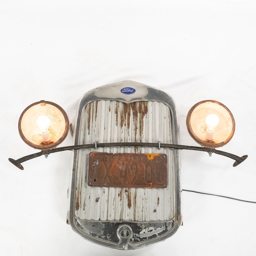 Ford Model A Wall Road Art: *NO SHIPPING! - PICKUP OR THIRD PARTY TRANSPORT ONLY* Wall hung display made from a Ford Model A radiator housing and headlights and a 1934 California license plate.. 12 volt lamp sockets have been re