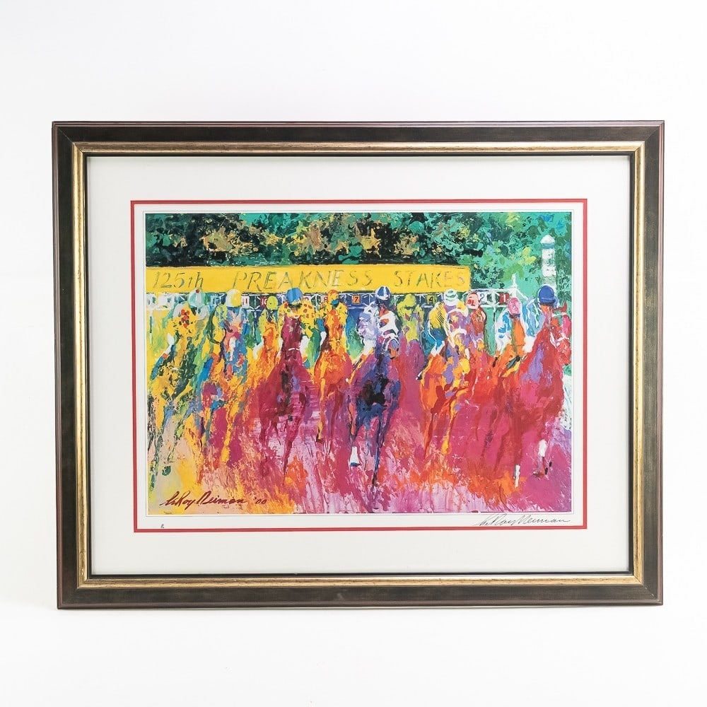 LeRoy Neiman Print 125th Preakness Stakes: Framed and matted print by LeRoy Neiman titled 125th Preakness Stakes. Signed in black sharpee lower right margin. In VG condition. Print measures 28" wide, 21" tall. Frame measures 37.25" wide, 29.75
