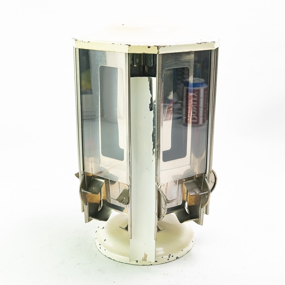 1950s Counter Top Package Gum Dispenser: Five sided rotating package gum dispenser. Overall good condition with some paint loss due to use and age. A nice recreation room or man cave piece. 13 1/2" H x 7 1/2" W.