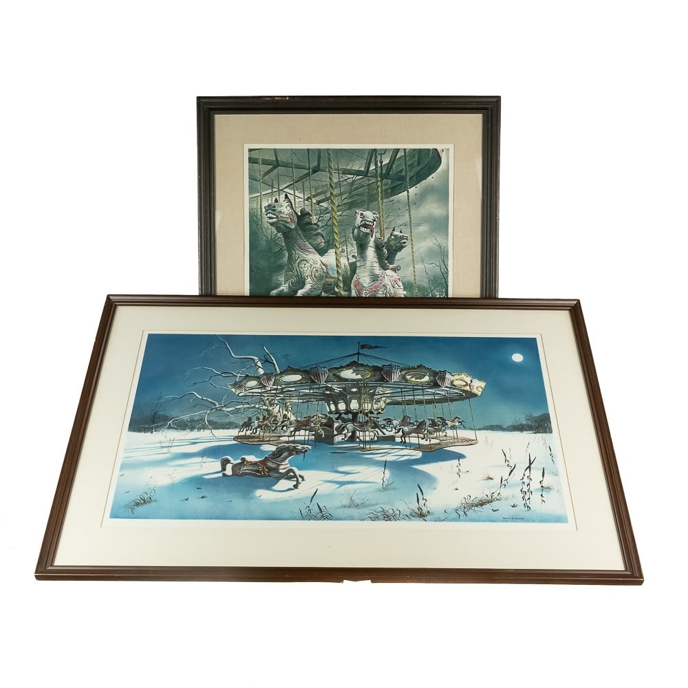 Robert Addison Original Serigraph and Print: Painter Robert Addison (1924-1988), creates haunting images of days gone by with this print and serigraph. "Carousel' is a limited edition original, 67/250, signed in pencil lower right and comes with