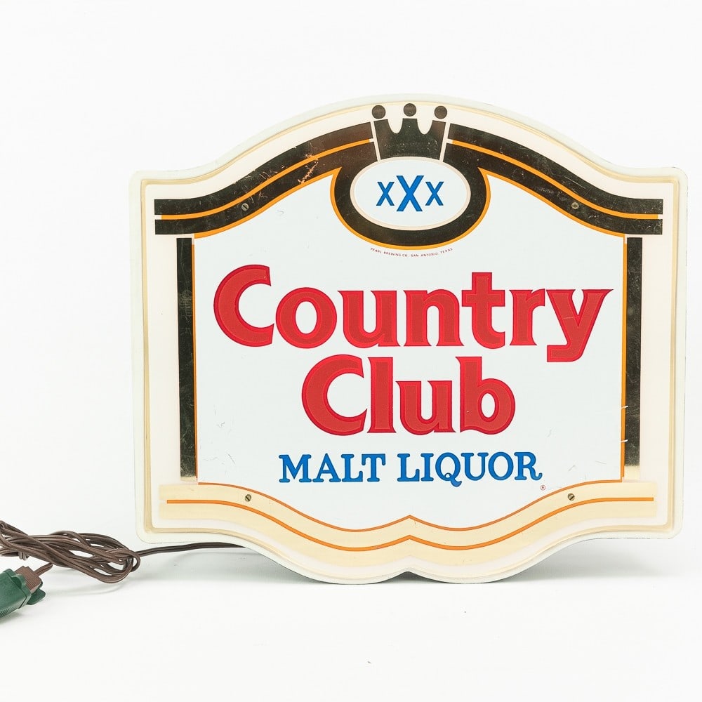 Country Club Malt Liquor Beer Advertising Sign: Very nice vintage Country Club Malt Liquor illuminated advertising wall sign. Good overall working condition with some surface wear, scuffs & scratches present; indicative of age and use. Approximatel