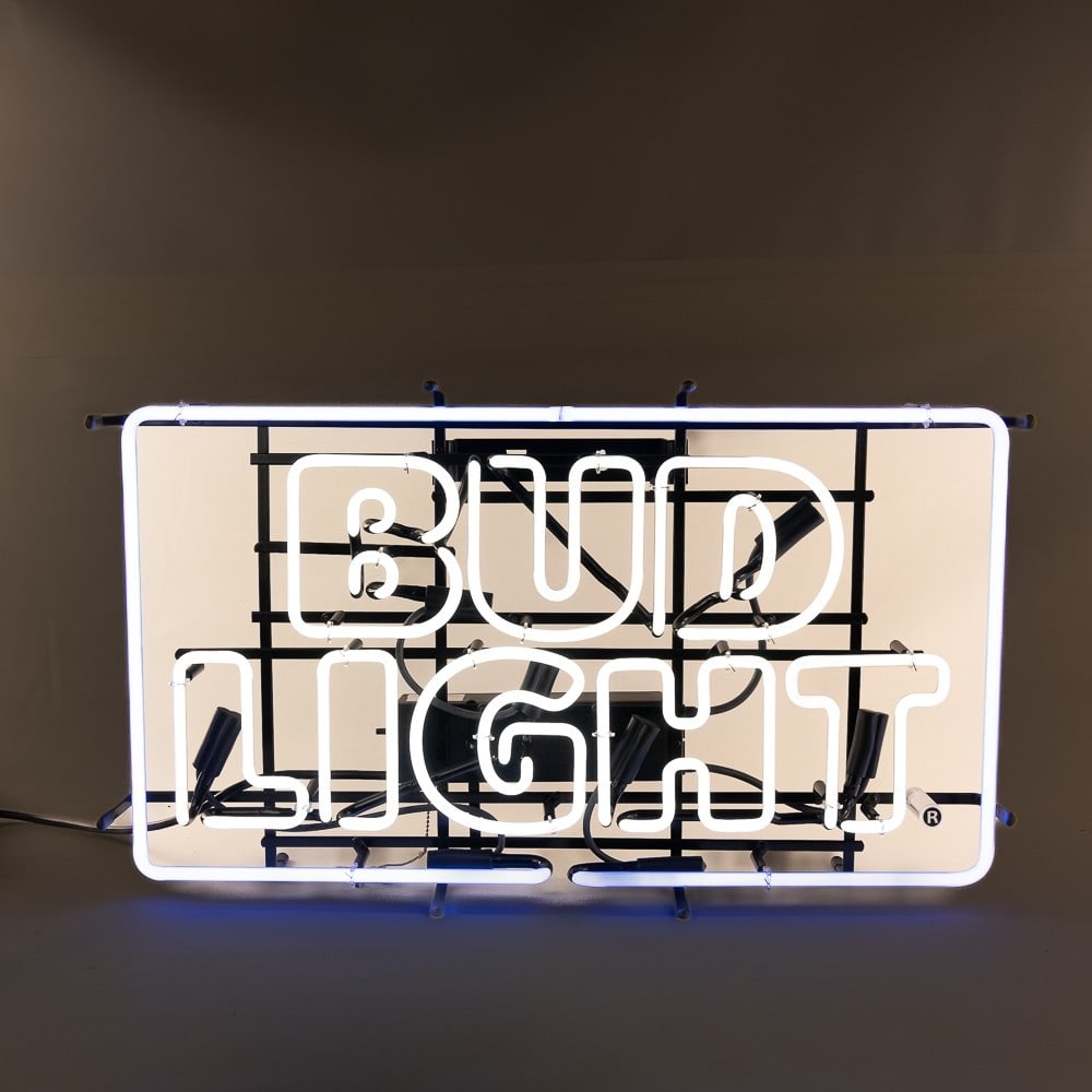 Bud Light Sign - Neon: *NO SHIPPING! - PICKUP OR THIRD PARTY TRANSPORT ONLY* Bud Light Neon Sign. White lettering with blue frame. In very good cosmetic and working condition. 30" X 17" X 5 1/2". Please review all photograp