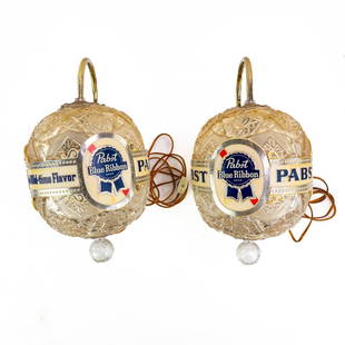 Pabst Blue Ribbon Pair Sconce Advertising Lamp: Vintage pair of Pabst wall lamps. Condition good. Could use a slight cleaning. One wall plate cover has .5" cracked spot. see photos. Both light up. 12" T x 12" D Globes are 8" x 8"