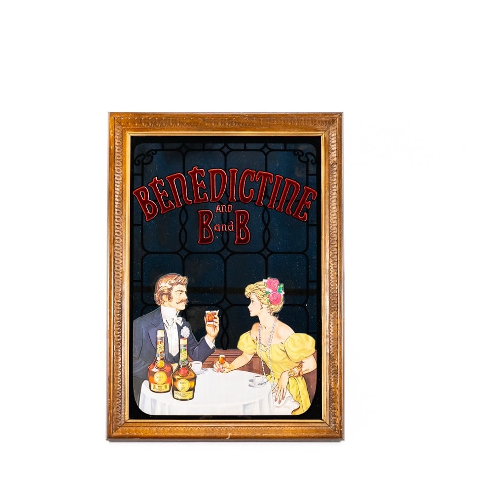 Benedictine and B & B Advertising Wall Mirror: Very nice vintage Benedictine and B&B liquor advertising wall mirror. Good overall condition with minor surface scratches present along the frames edges; indicative of age and use. Approximately 15.25