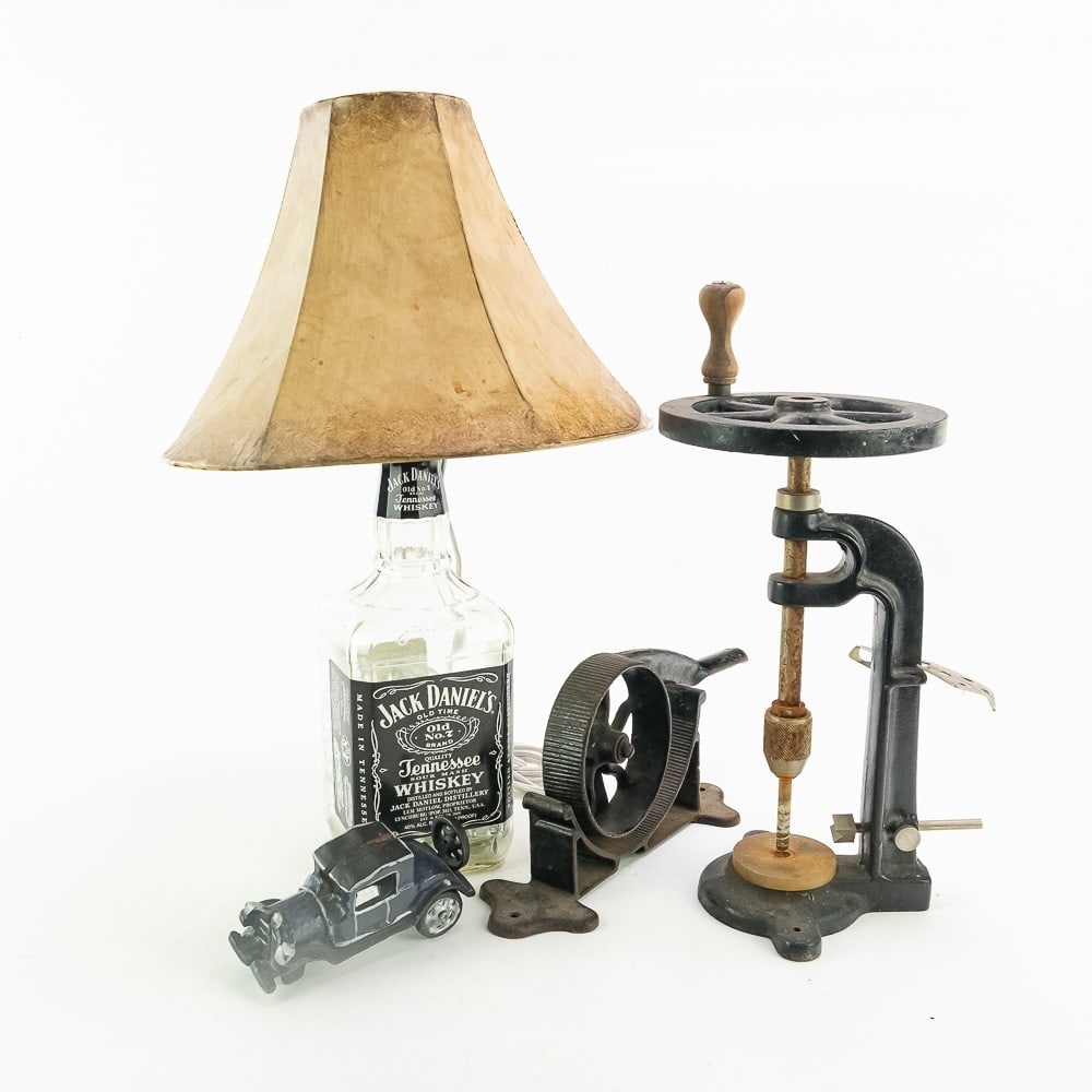 Whiskey Bottle Lamp & Cast Iron Items (1 of 10)