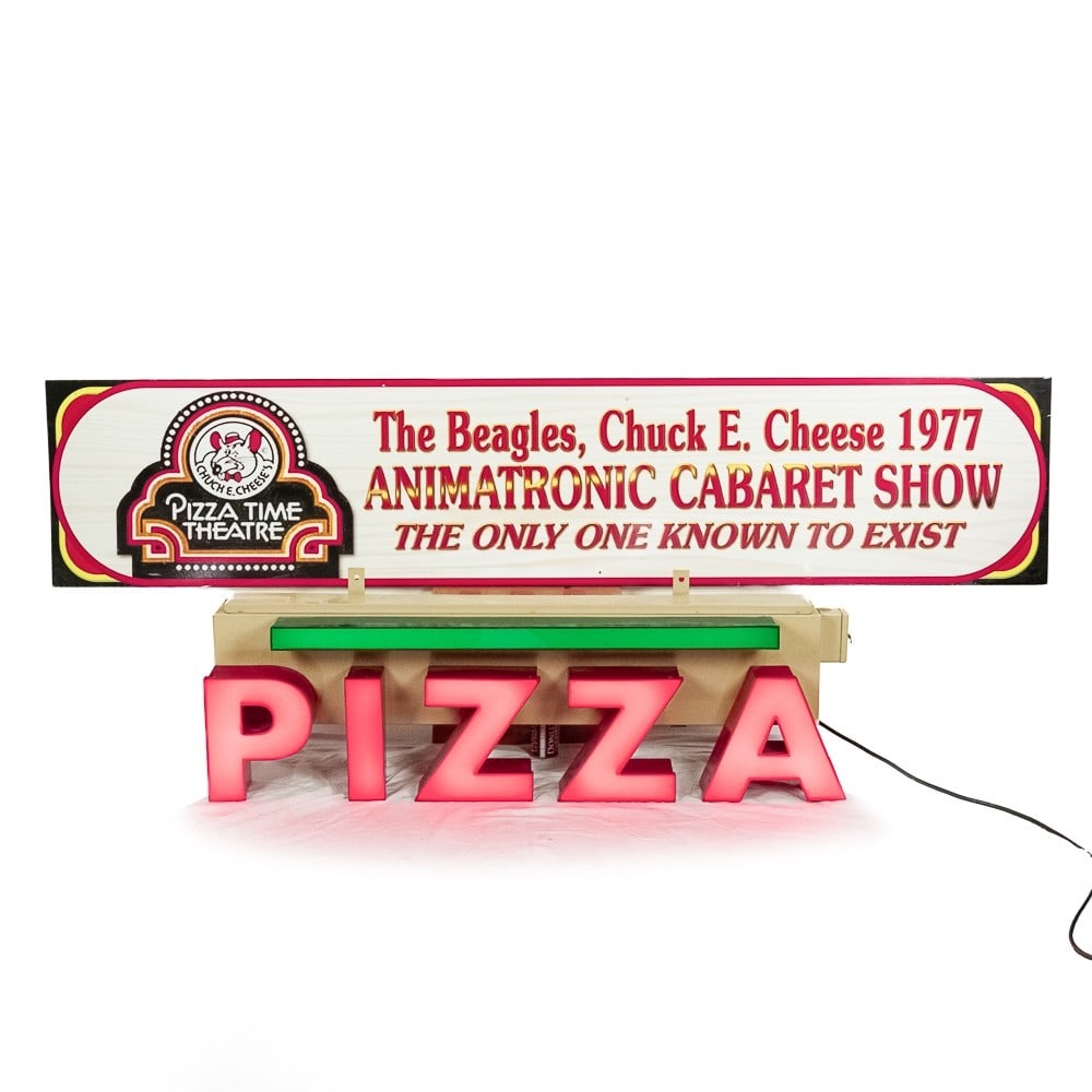 Chuck E Cheese Beetles Cabaret & Pizza Signs: **No Shipping - Pick Up or Third Party Transport Only** Including Large (5'L x, 20.5"H x and 13"D) plug in PIZZA outdoor light up sign along with Large (Approx. 94" L x 20"T) 1977 Chuck E Cheese Beetl