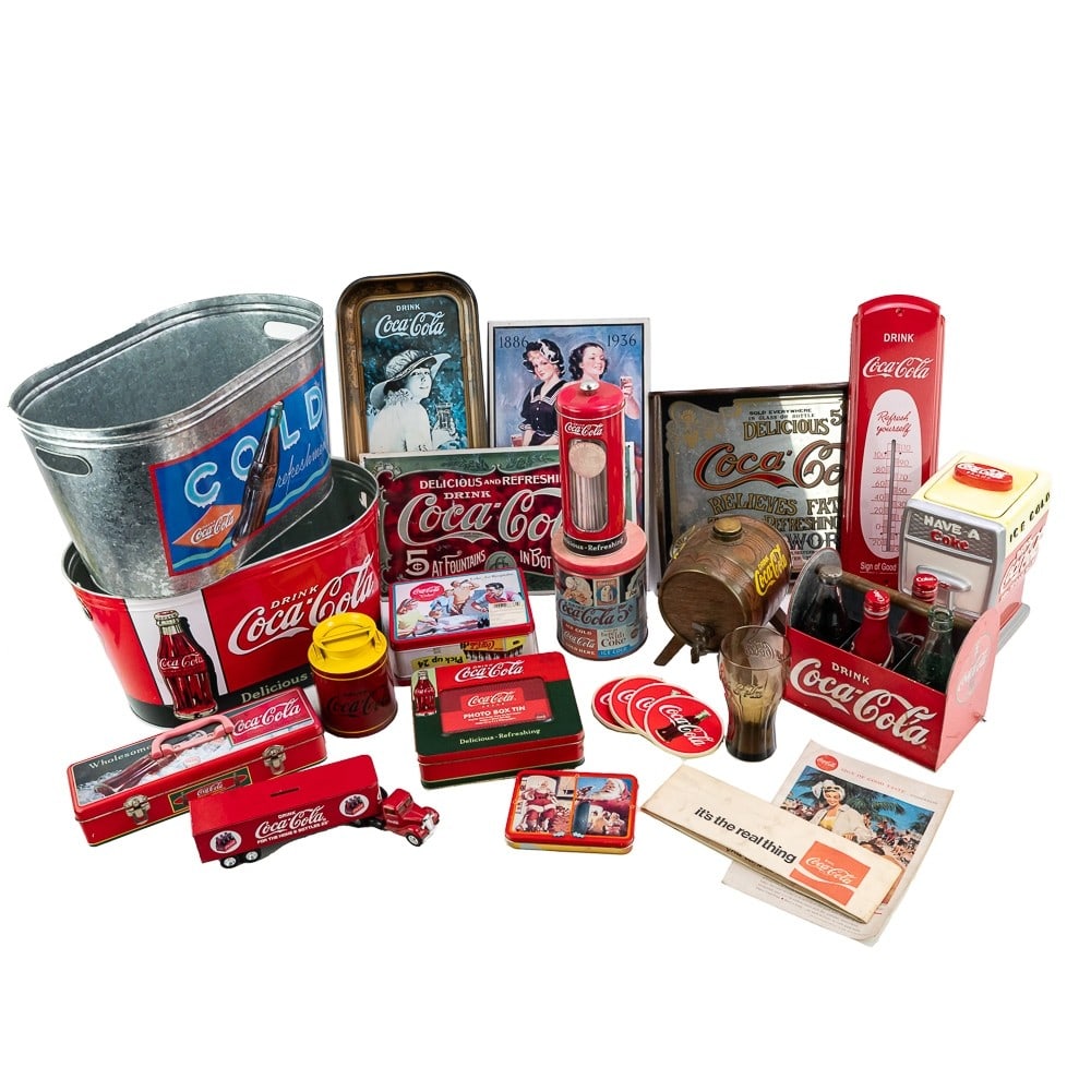 Assorted Contemporary Coca Cola Advertising Items: Assorted Coke Advertising Items: ice bucket, die cast toy semi truck trailer, tin straw holder, 2 candy tins, lunch box, small sewing box with handle, four drink coasters, playing cards in tin, bottle