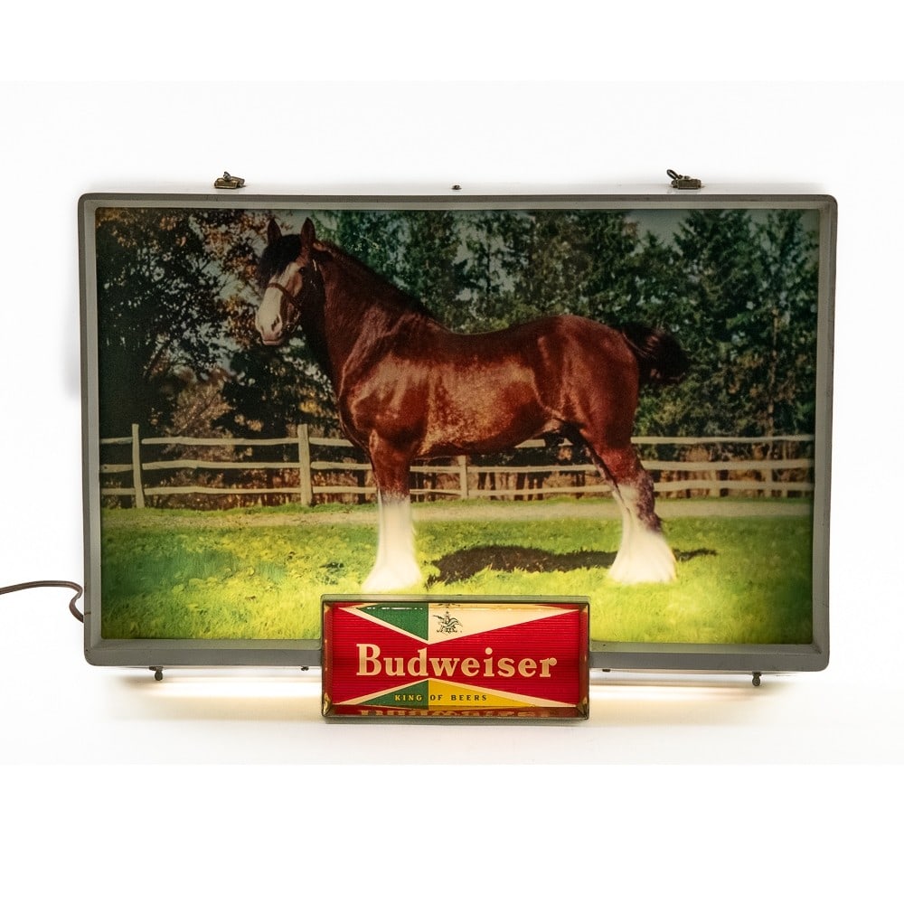 Budweiser Clydesdale Horse Illuminated Sign: Vintage Budweiser Clydesdale Illuminated Advertising Sign. Plugs in and lights up. Sign is in overall great condition, with minor cosmetic scratches and blemishes on white frame, and gold frame around