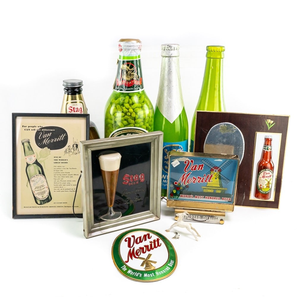 (11) Assorted Beer Displays and Advertisements: (11) Assorted Beer Displays. Included is (2) Lowenbrau Munich plastic bottles, both stand 23.5" Tall, in good condition with light cracking at base. (1) Peanut filed Moosehead Beer display, appears to