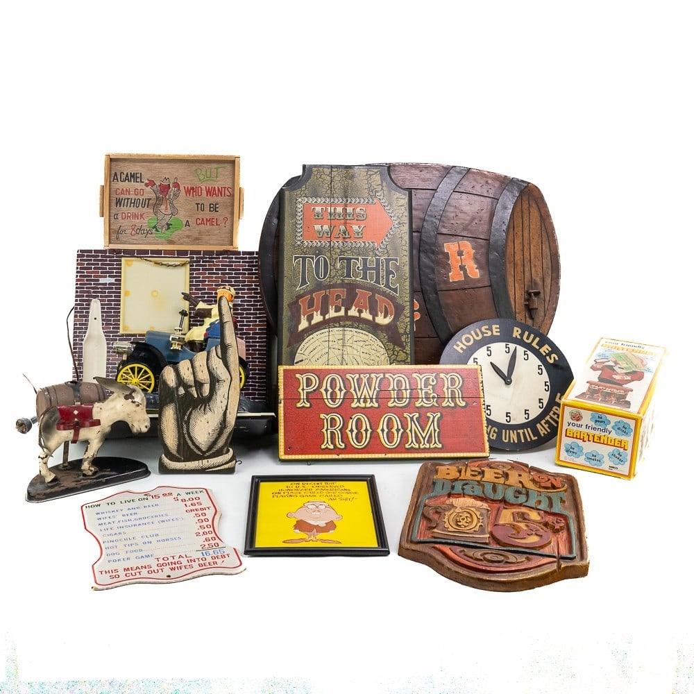 (12) Assortment of Bar Signs and Misc.: Large lot of assorted Bar Signs, clocks, wall mount coat rack, and other miscellaneous bar collectibles. Included is a Pabst Blue Ribbon Motion Car, plugs in and lights up, but in poor condition with