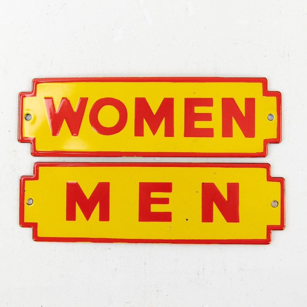 Men and Women Bathroom Signs: (2) Bathroom signs, men and women. Both in great condition and each measure approx. 10"W X 3"T. See photos and bid accordingly.