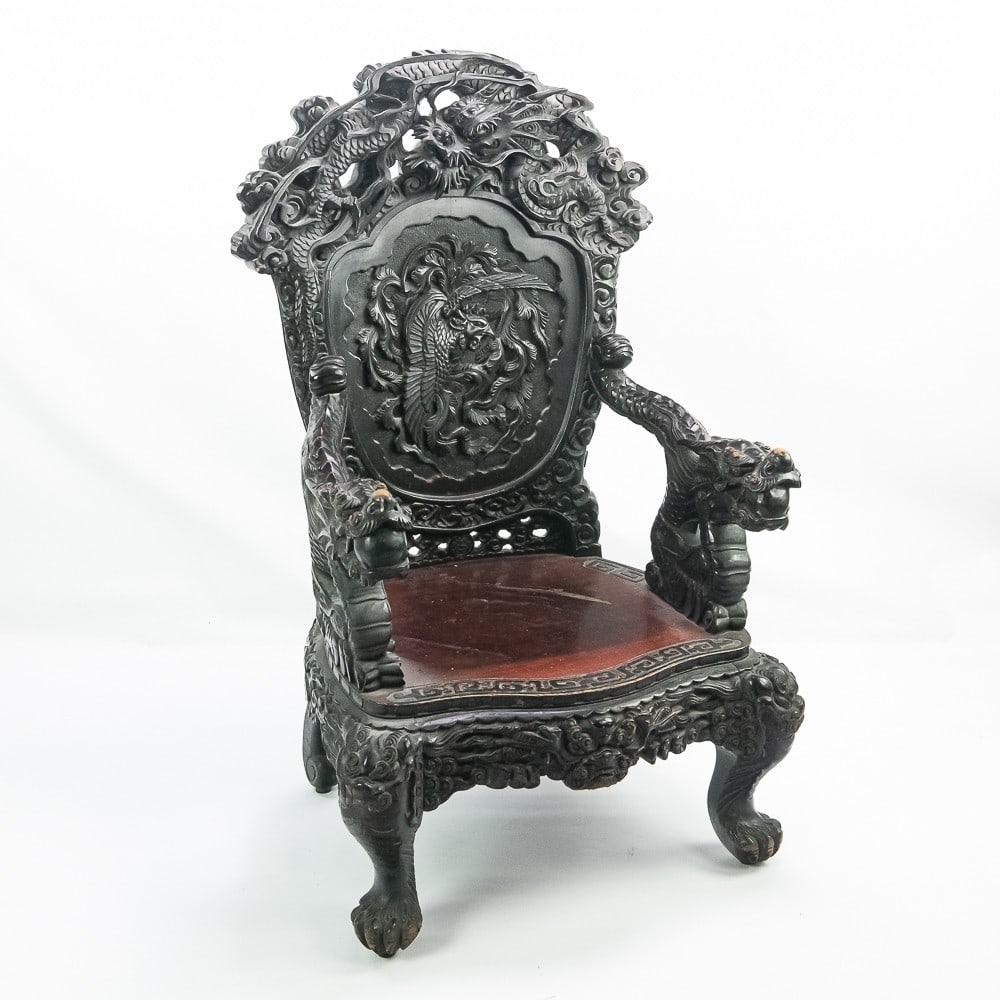 Asian Carved Hardwood Throne Chair: *NO SHIPPING! - PICKUP OR THIRD PARTY TRANSPORT ONLY* Chinese export ebonized hardwood chair, appears to be19th century, with an elaborate back with writhing dragon. framing a panel featuring auspicio