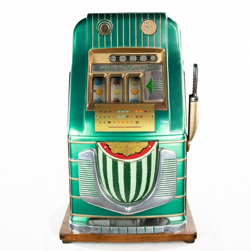 Mills Coin Op High Top Token Bell Slot Machine: *NO SHIPPING! - PICKUP OR THIRD PARTY TRANSPORT ONLY* Looks to be an older restoration with original back door, lock and key. A unique looking, colorful 5 cent machine in good working condition with a