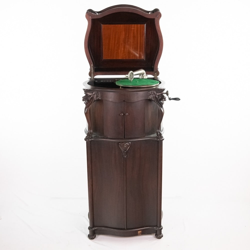 Columbia Grafonola Deluxe Reginaphone Style 240: *NO SHIPPING! - PICKUP OR THIRD PARTY TRANSPORT ONLY*This handsome machine in its rich brown mahogany cabinet with its impressive lion heads has been stripped and refinished. There is evidence of some