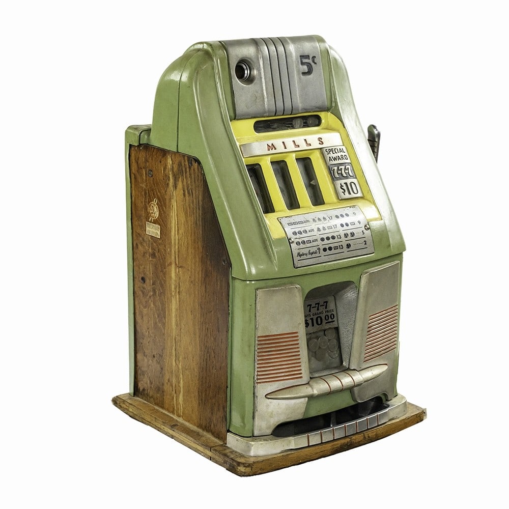 Coin Op "Mills" High Top 5 Cent Slot Machine: *NO SHIPPING! - PICKUP OR THIRD PARTY TRANSPORT ONLY* Older restoration on original Mills High Top, 3 reel slot machine with back door, with lock and key. Machine works very well and has a 10 dollar p