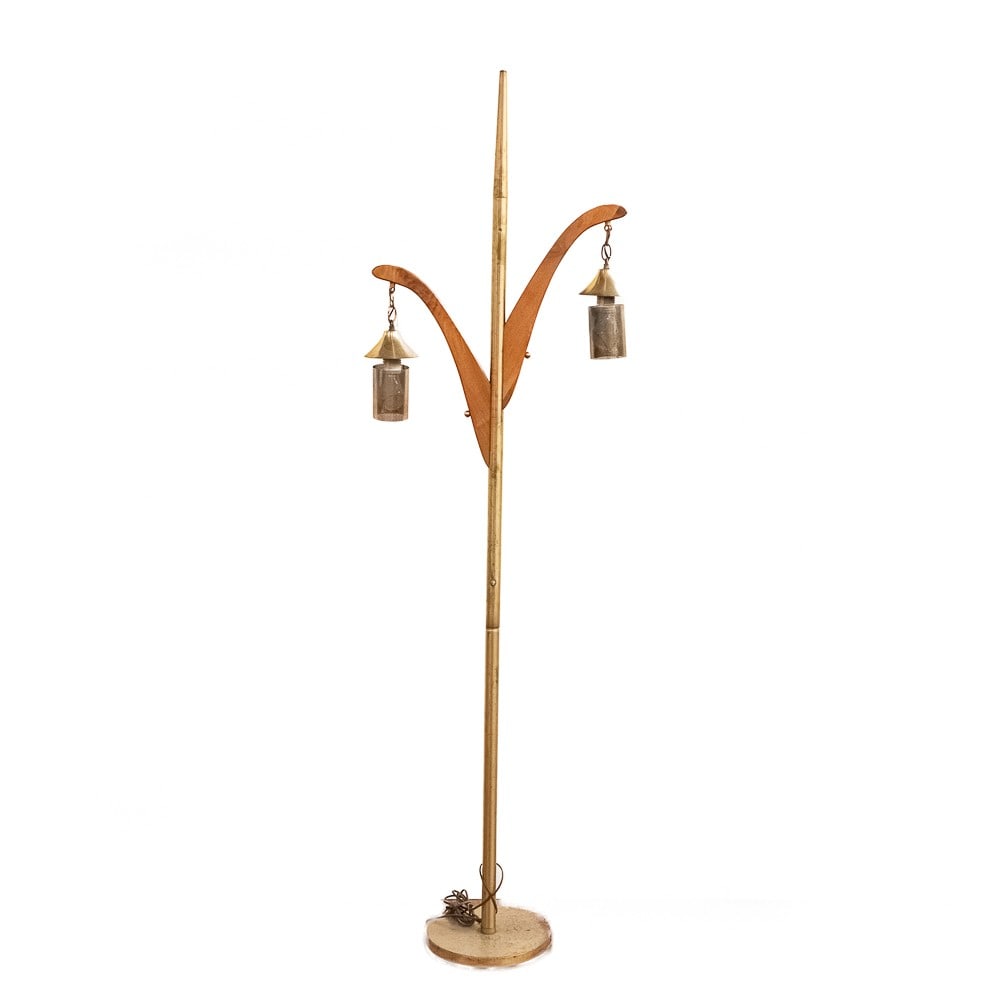 Mid Century Brass & Teak Double Pendant Floor Lamp (1 of 11)