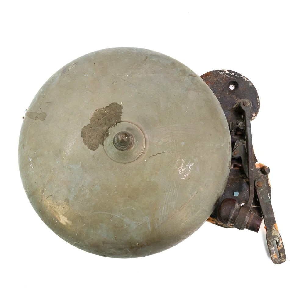 Boxing Ring Bell: Style of bell used to mark the rounds in a boxing match. Nickel plated 12" diameter brass gong is rung manually by pulling a lever. In good condition but missing the spring that resets the lever.