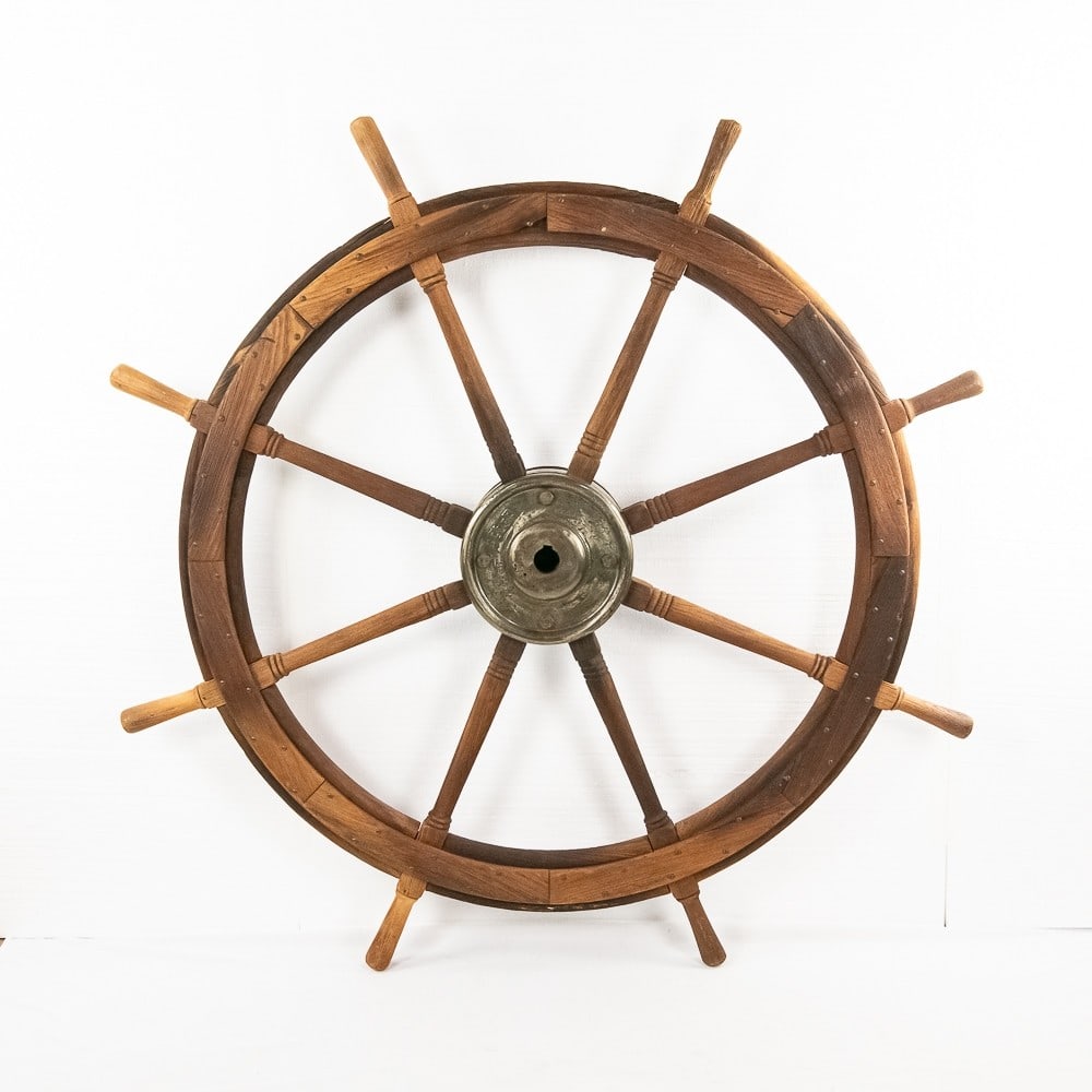 Large Vintage Mahogany Ship Wheel: Great example of s steering wheel (helm) from a large unknown sailing vessel or steamship. It measures 65" in diameter to the outside of the handles. The mahogany wood on the felloe and the handles is