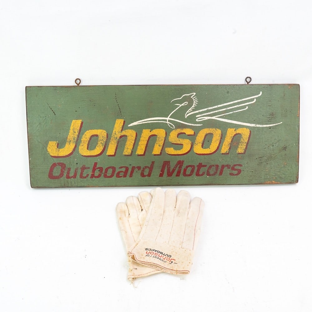 Original Wood Johnson Outboard Sign & Gloves (1 of 5)
