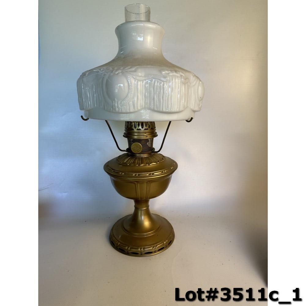 Aladdin No. 8 Kerosene Lamp w/Shade/Chimney: Very good condition - 12"T - approx. 21.5"T w/chimney and shade. Would pair nicely with lot 3515e.