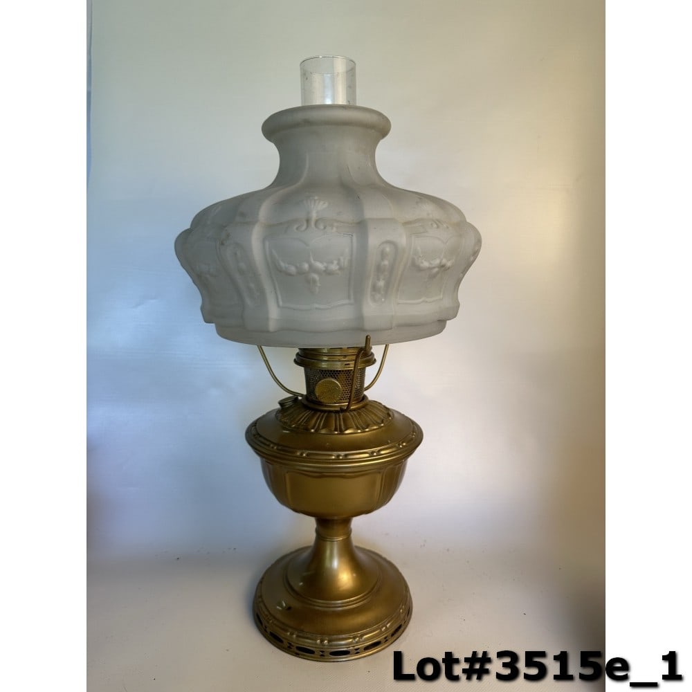 Aladdin No. 8 Kerosene Lamp w/Chimney and Shade: Very good condition - 12" T - approx. 21.5"T w/Chimney and shade. Would pair nicely with Lot 3511c