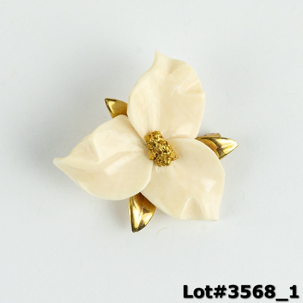 10K Alaskan Ivory Carved Flower Broach w Gold Nug (1 of 2)