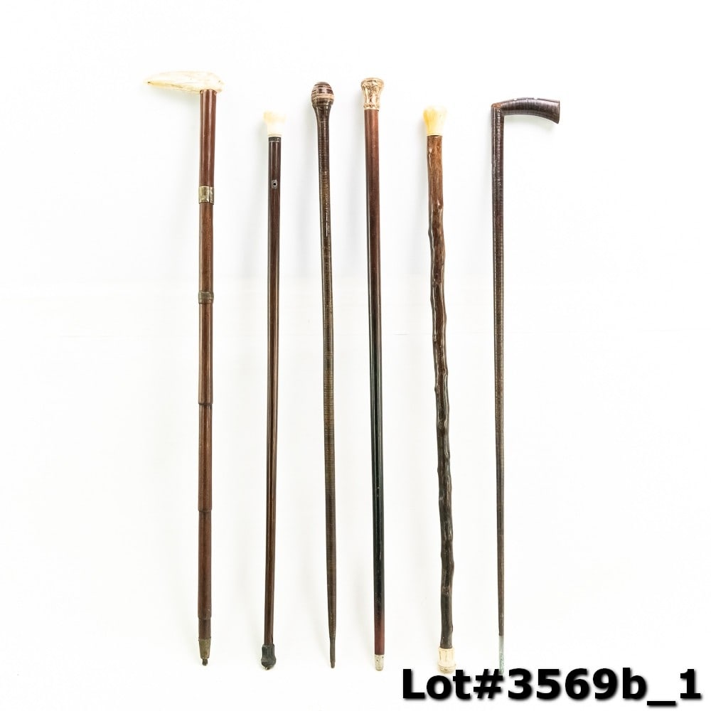 Collection of (6) Vintage Wood Walking Canes: Collection of (6) assorted wooden walking canes. Good to very good overall condition with some age and wear marks noted. Please use photos to judge condition and bid accordingly.