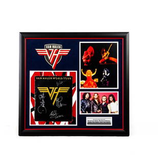 Van Halen 2012 World Tour Book Signed: 2012 World Tour book with signatures of David Lee Roth, Michael Anthony, Eddie Van Halen and Alex Van Halen. Photographs and a COA issued by Authentic Autographs Unlimited are included. 29 1/4" X 27