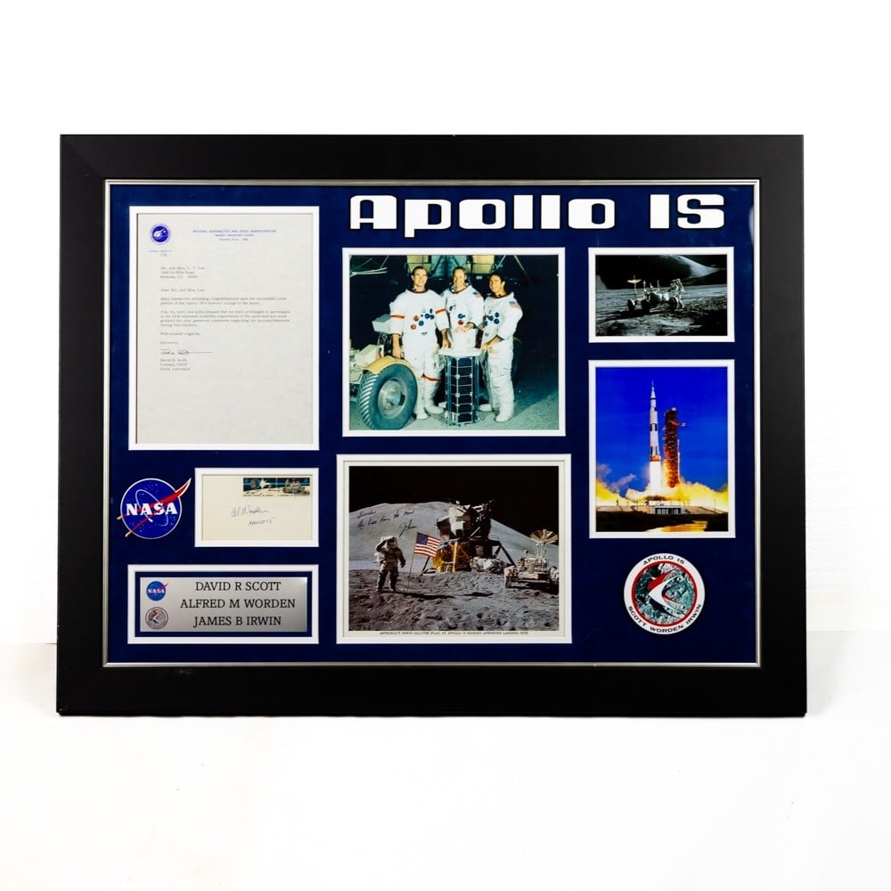 Apollo 15 Moon Walk, Flag Salute and Landing Site: Apollo 15 was longer than previous missions, more science focused, and the first to use the Lunar Roving Vehicle on the Moon. A Letter with David Scott's signature, an envelope with Al Worden's signat