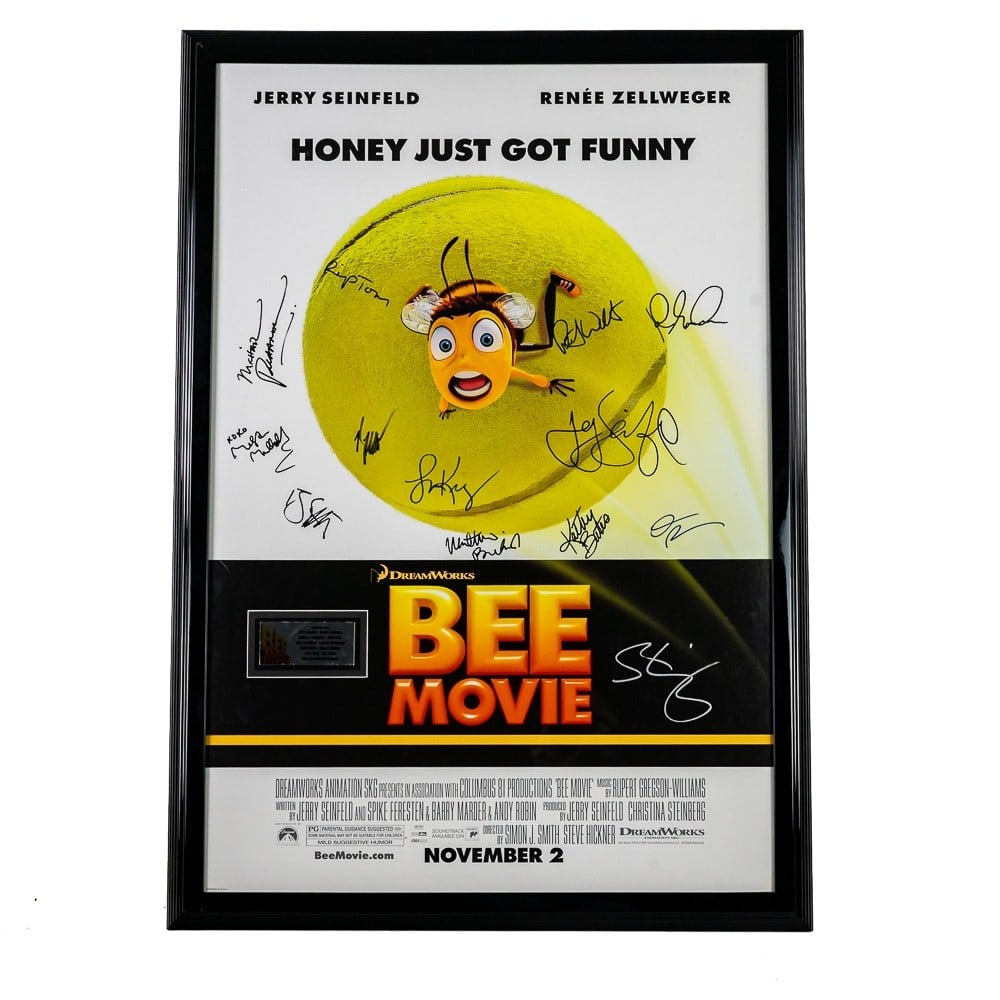 "Bee Movie" Poster Signed: Lobby poster with signatures of Jerry Seinfeld, Renee Zellweger, Matthew Broderick, Chris Rock, John Goodman, Patrick Warburton, Kathy Bates, Megan Mullally, Larry King, Ray Liotta, Sting and Michael