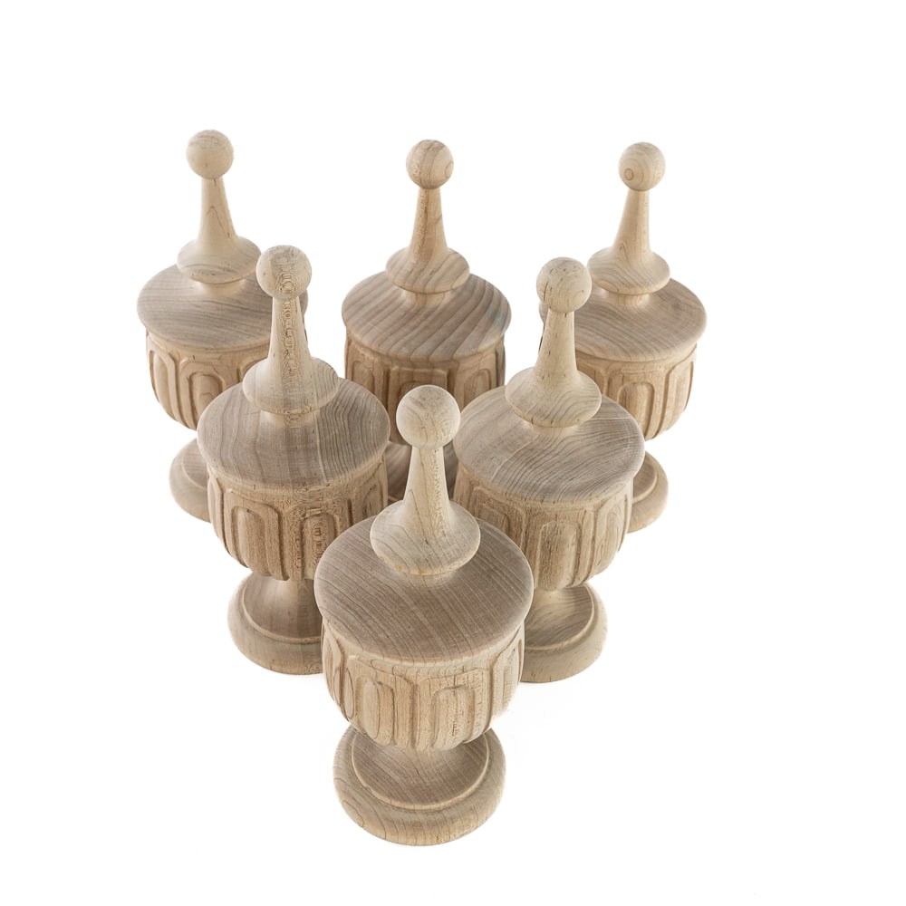 6 Wood Finials For Regina Changer 20.75" & 27": Unfinished wood replacement finials for Regina and other music boxes. Measure 6.75"tall, 2.5" in diameter50