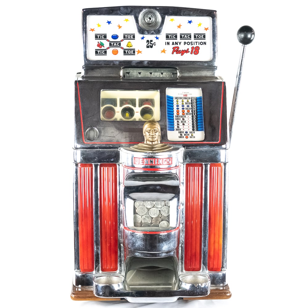Jennings Governor Chief Tic Tac Toe Slot Machine: *NO SHIPPING - PICKUP OR THIRD PARTY TRANSPORT ONLY* Hard to find mid century Jennings light up Governor Chief Tic Tac Toe 25 cent slot machine. Built around the successful Chief mechanism and showcas