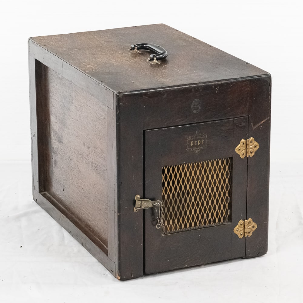 Antique Wooden Dog "PEPE" Travel Carrier: Antique wooden dog travel carrier, said to be from the Cunard cruise line. Dark walnut color body is perfectly accented with gold tone screens & hardware along with "PEPE" on the front door. Approxima