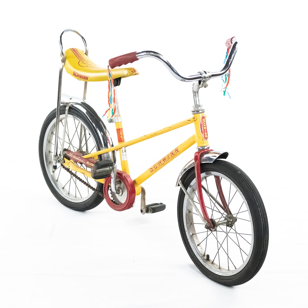 1978 Red & Yellow Schwinn Sting Ray Pixie Bicycle: *NO SHIPPING - PICKUP OR THIRD PARTY TRANSPORT ONLY* 1978 red on yellow Schwinn Sting Ray Pixie vintage Boys bicycle. Good overall condition with some blemishes, imperfections & surface rust noted in