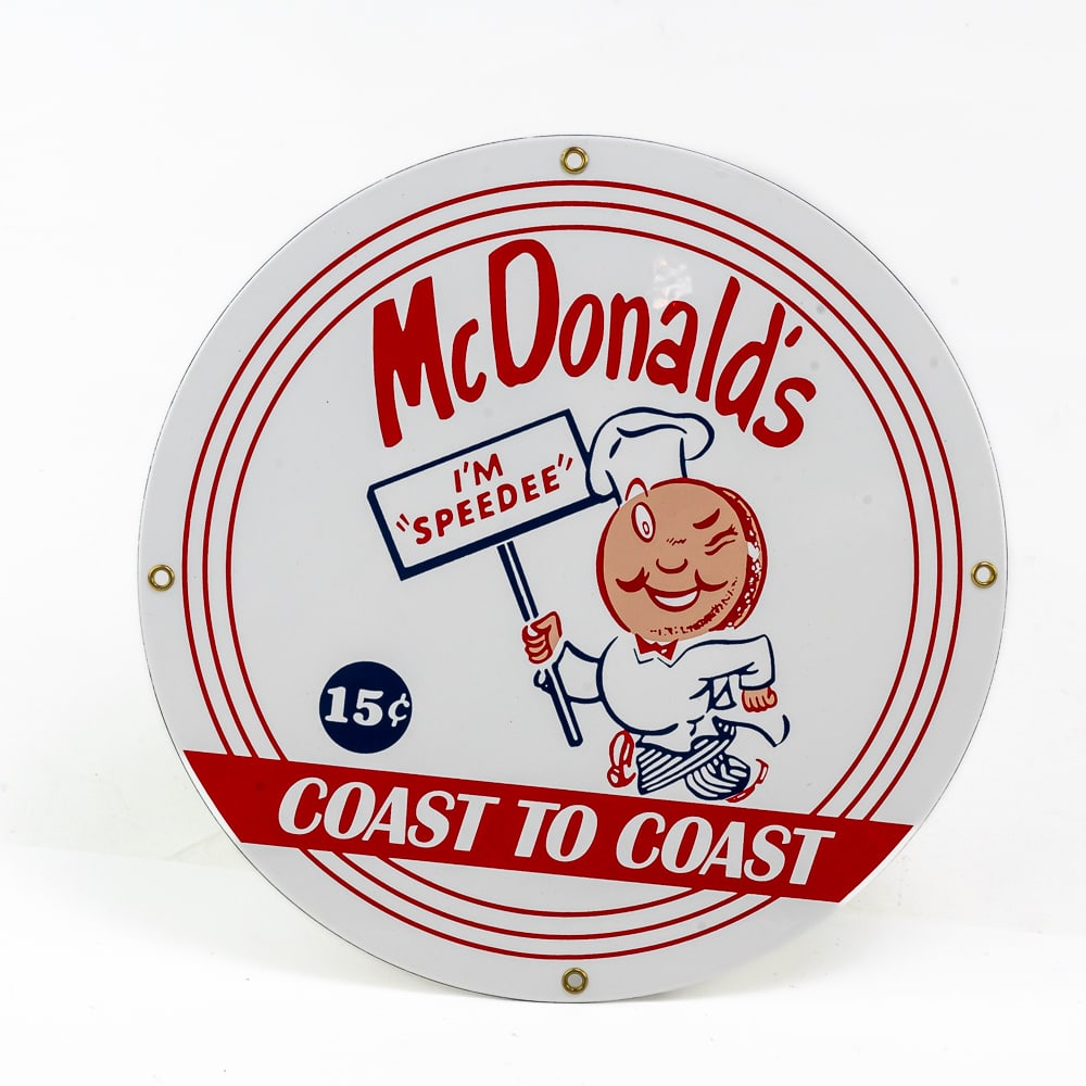 McDonald's "Speedee" 15 Cent Sign: Contemporary porcelain sign with no chips, scratches or chips, excellent condition,11 1/4" diameter, see photos.