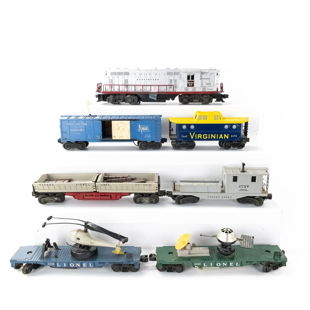Lionel No. 2328 Burlington Locomotive No. 6419 +++: Collection features Lionel No. 2328 Burlington GP-7 Diesel locomotive (Car is loose from body), Lionel Wabash No. 3424, Lionel No. 9175 Virginian, Lionel 3419 & 3519 (Missing Pieces), Lionel 6419 Work