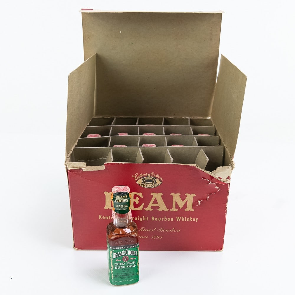 Vintage Jim Beam Mini Bottle Shooter Set w Box: Collection features an vintage Jim Beam Whiskey shooter set showcased inside vintage open Jim Beam box with (12) "Beam's Choice" unopened and sealed mini shooter bottles. Perfect addition to your coll