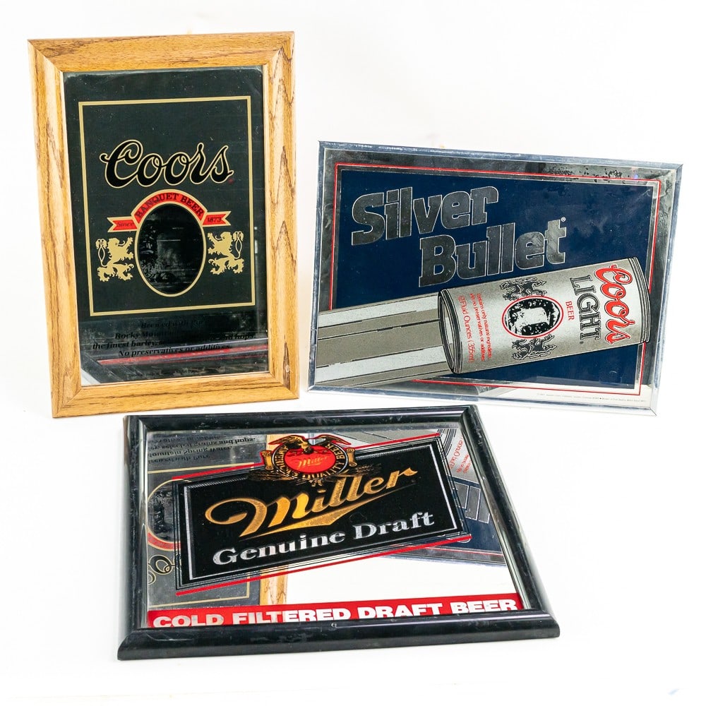 Miller Genuine Draft & (2) Coors Framed Mirrors: Collection features vintage Miller Genuine Draft (18" x 18") & (2) Coors (19" x 12.5") framed breweriana collector mirrors. Each in good overall physical condition with minor wear indicative of age an