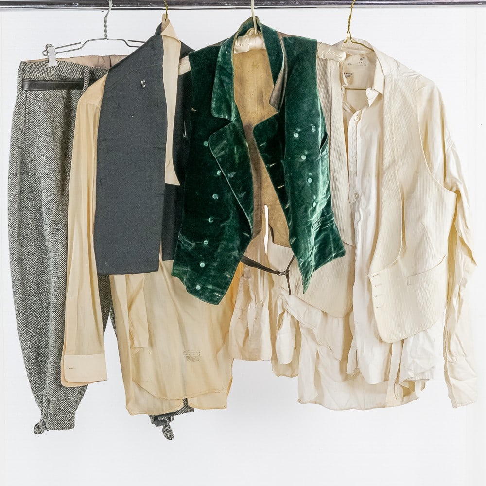 Unusual Collection of Men's Clothing: Unusual collection of hard to find men's clothing from a wide variety of eras. First is a green silk velvet vest c1800-1810. Size about 36 or 38, in decent shape for its age. In the pocket, family tre