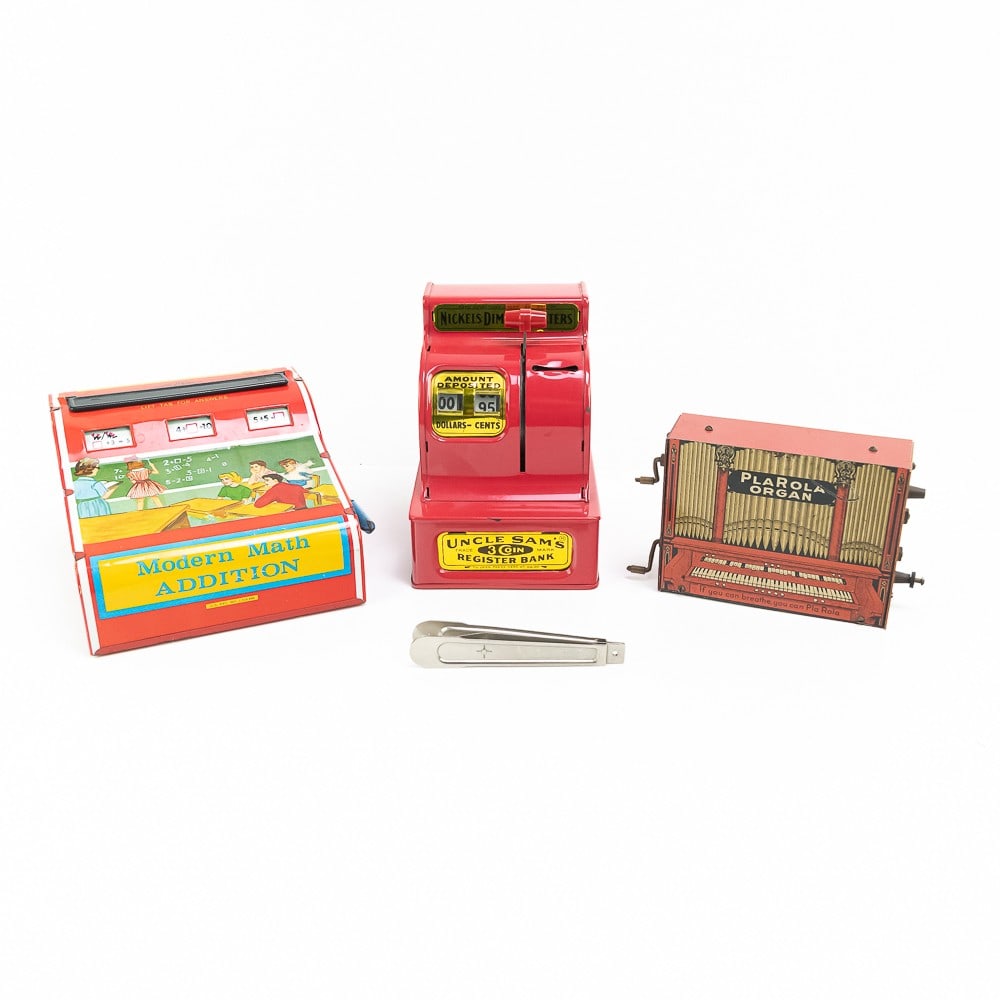 PlaRola Automatic Organ Uncle Sams Register & More: Vintage PlaRola Automatic Organ with sixteen note mechanism in good overall condition with minor imperfections on the paint, vintage red Uncle Sam's 3 coin register bank in excellent overall condition