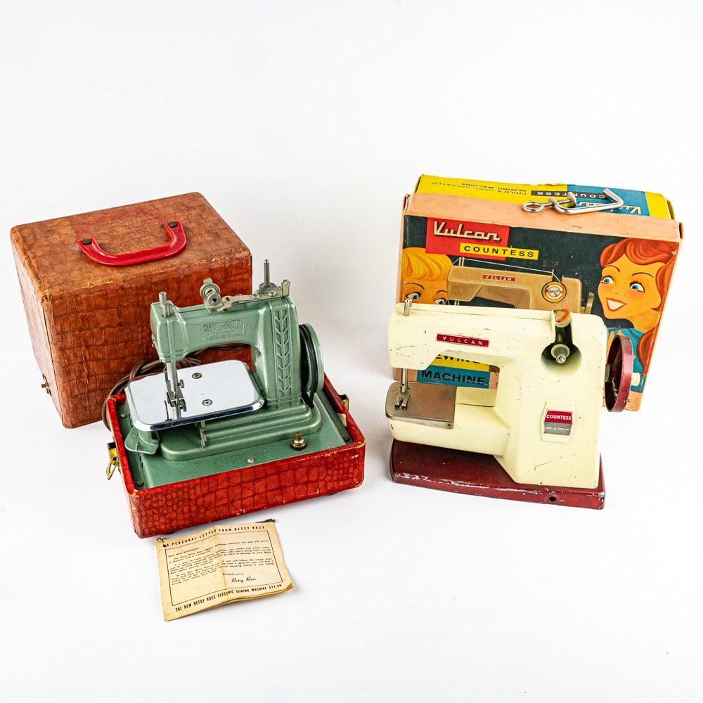 Betsy Ross No. 707 w Case & Vulcan Countless w Box: Including vintage Betsy Ross No. 707 & Vulcan countless electric sewing machines. Each stands approximately 7.5" tall. Both are in good to very good overall condition with some imperfections, indicati