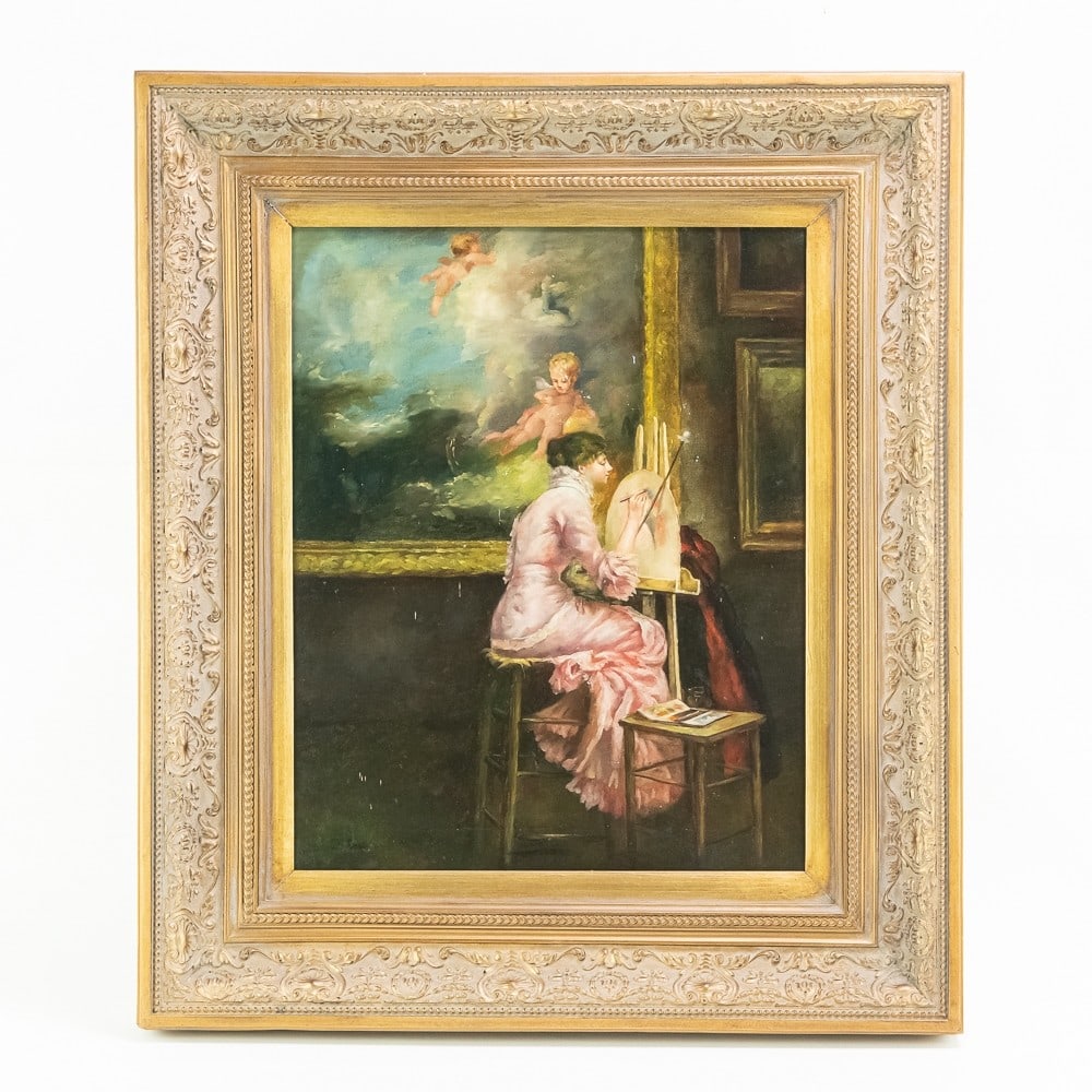 De Turris Oil on Canvas: *Pick up suggested - due to weight, size and fragility, art usually incurs additional shipping/handling charges* After Pascal Dagnan-Bouveret. A reproduction of 'Young Watercolourist in the Louvre'. 1